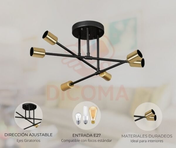 Lámpara tipo Sputnik 6 Focos Negro con Dorado